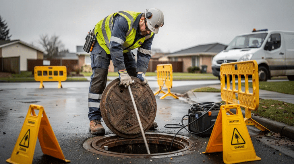 worker accessing a blocked drain