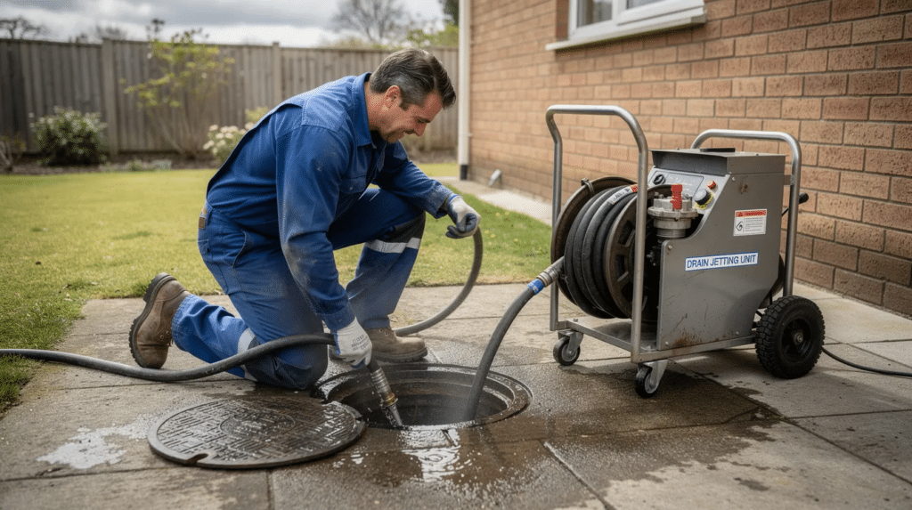 A professional plumber is using drain jetting equipment to clear a blocked outside drain, addressing common issues such as food waste and other debris that can lead to drain blockages. The scene highlights the importance of maintaining a clean drainage system to prevent clogged pipes and unpleasant smells.