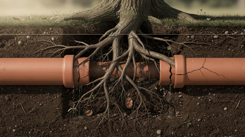 The image shows mature tree roots intertwining with underground clay drainage pipes, highlighting a potential cause of blocked drains. The roots may contribute to drain blockages by infiltrating the drainage system, leading to issues like slow water flow or gurgling sounds.