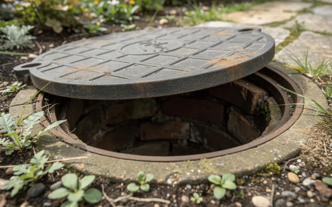 A close-up view of a partially lifted outdoor garden manhole cover reveals a brick inspection chamber, highlighting the importance of maintaining drains to prevent issues such as blocked pipes. This image serves as a reminder for property owners to regularly check their drainage systems to avoid potential drainage problems.