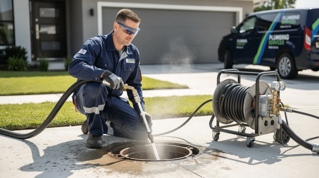 The image shows a professional plumber using high-pressure jetting equipment to clear a residential drain, addressing issues like clogged toilet traps and sewer line clogs. The plumber is focused on ensuring the plumbing system is functioning properly, preventing future problems such as repeated clogs caused by too much toilet paper or foreign materials.
