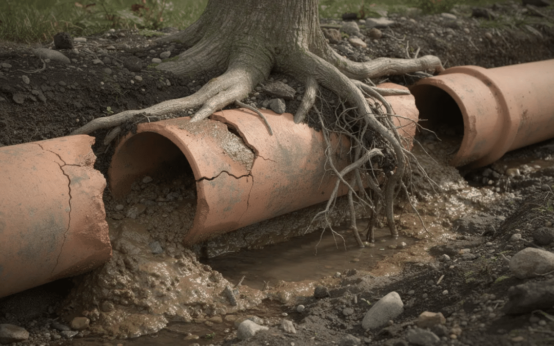 The image depicts old clay drainage pipes underground, showing signs of partial blockage caused by debris and tree roots. This situation can lead to plumbing problems, such as clogged toilets and drainage issues, if not addressed promptly.
