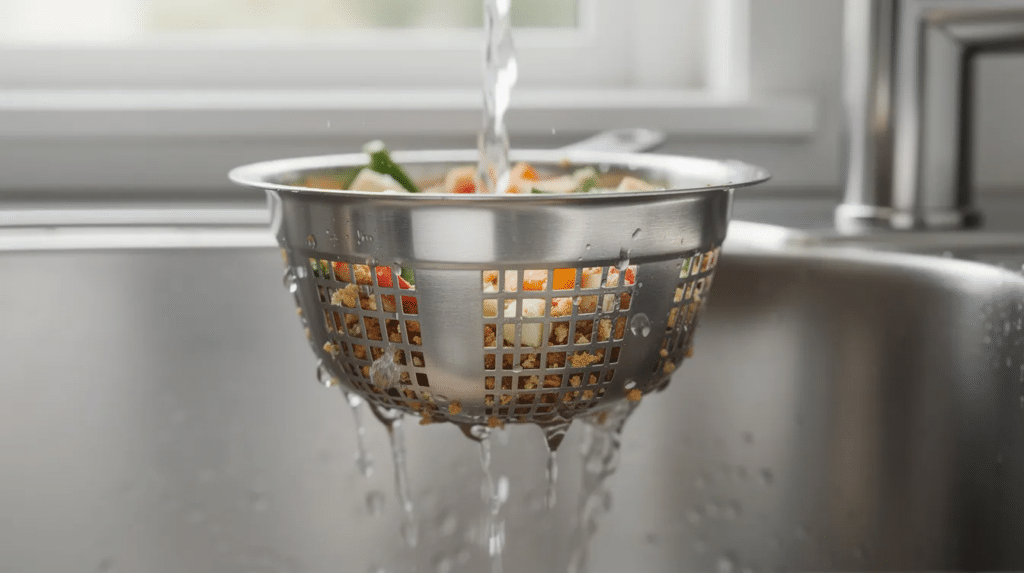 The image shows a stainless steel sink strainer positioned in a kitchen sink, effectively catching food debris and preventing it from entering the drain pipes. This strainer is an essential tool for avoiding plumbing problems and ensuring proper drainage in the kitchen.
